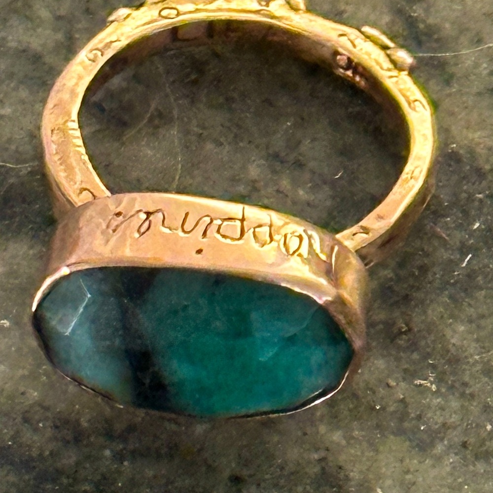 “Ode to Joy” emerald/rose gold ring by Jes MaHarry. New in box.